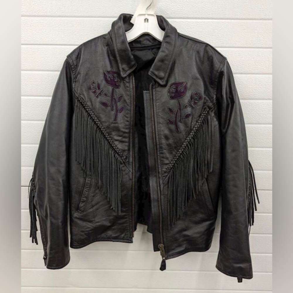 Vintage Leather Club Genuine Leather Jacket w/Purple Suede Rose Details & Fringe